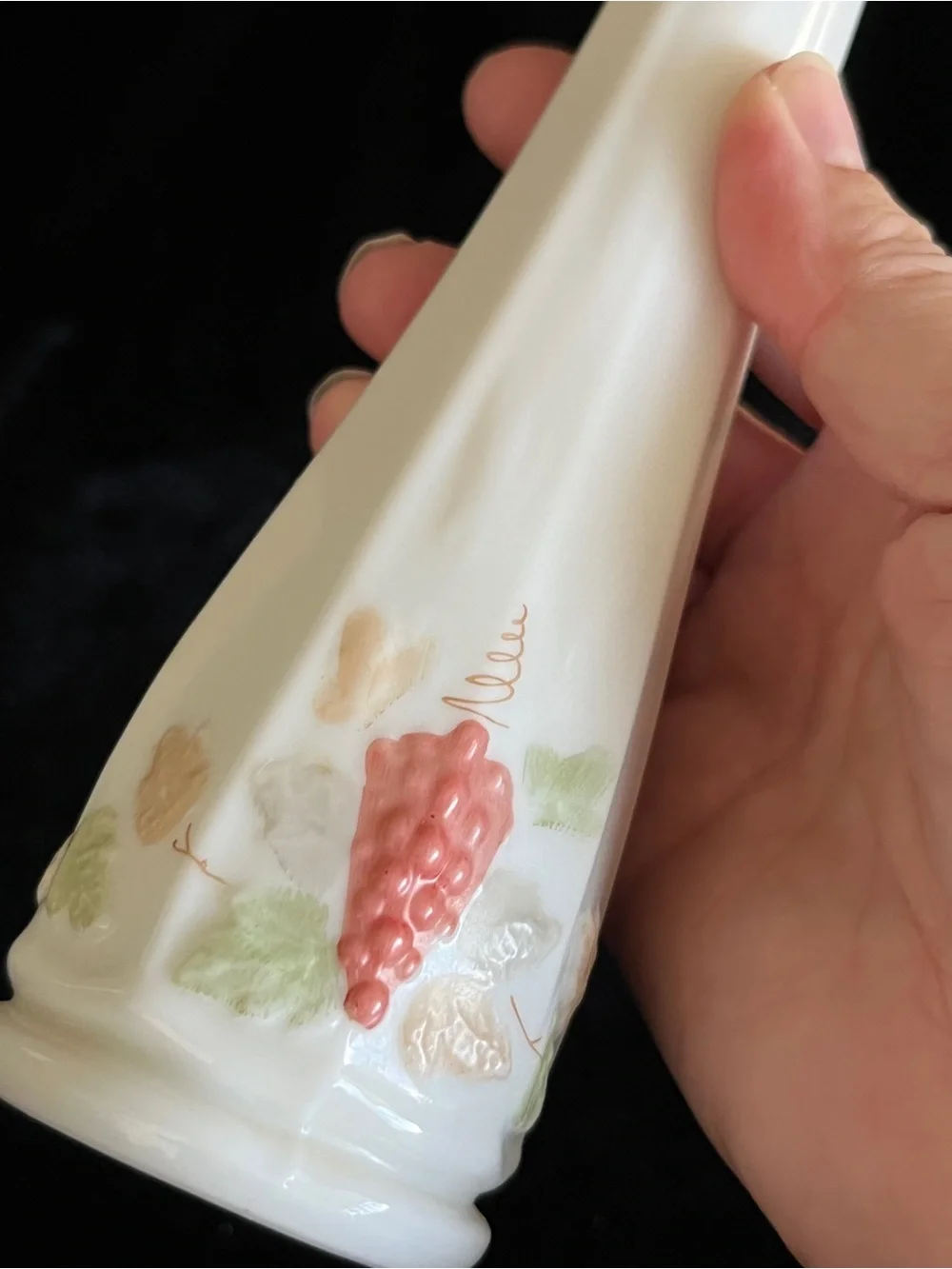 60s Tall Westmoreland BUD VASE Milk Glass Peach Pink Green Grape Design